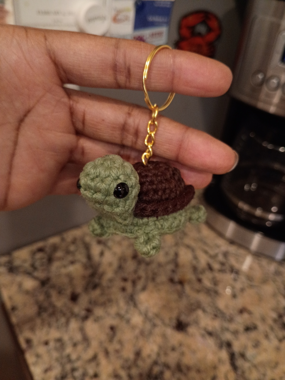 Handmade Crochet Turtle Keychain - Green & Brown